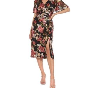 Adrianna Papell Floral Metallic Surplice Midi Dress